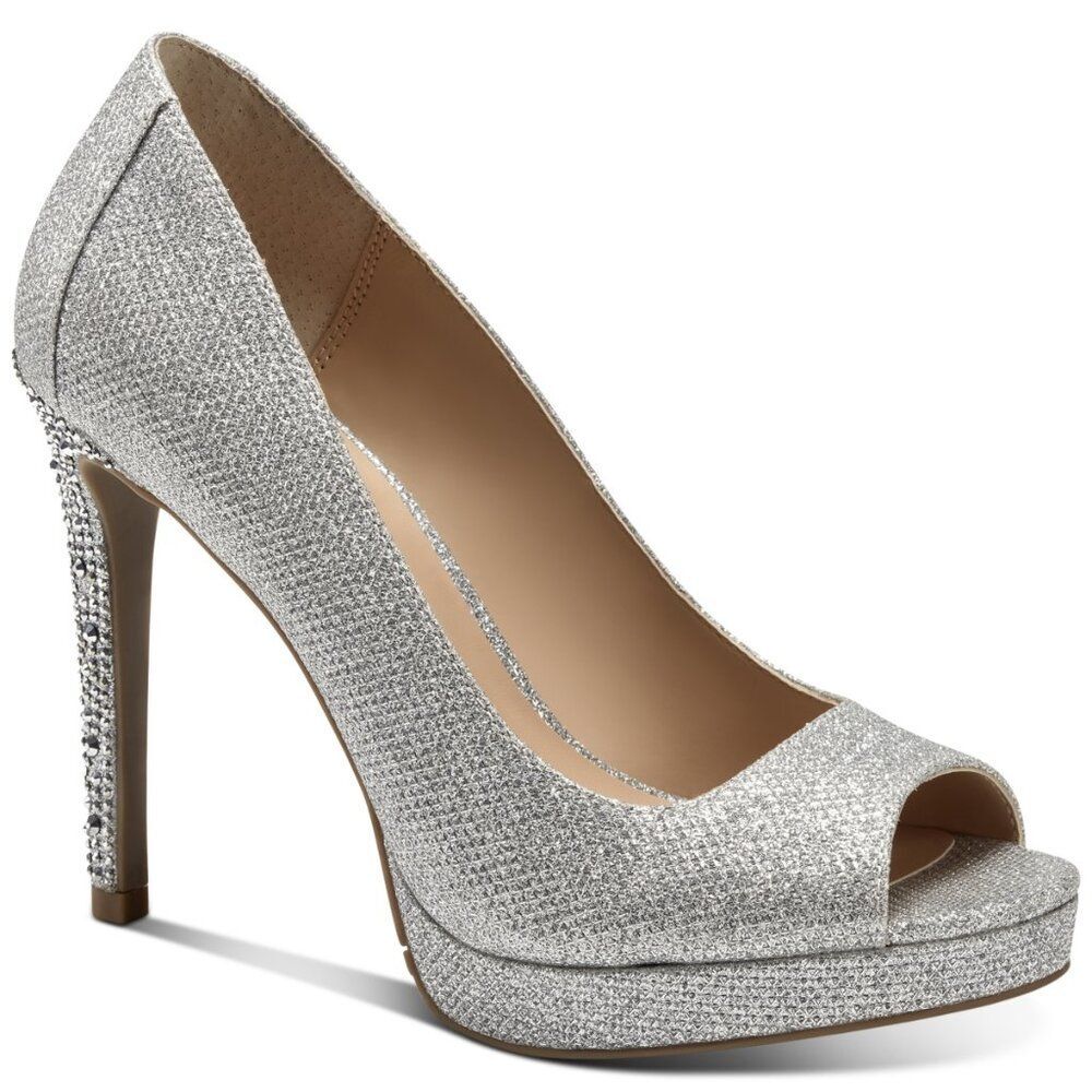 Silver Glitter Peep-Toe High Heel Pumps